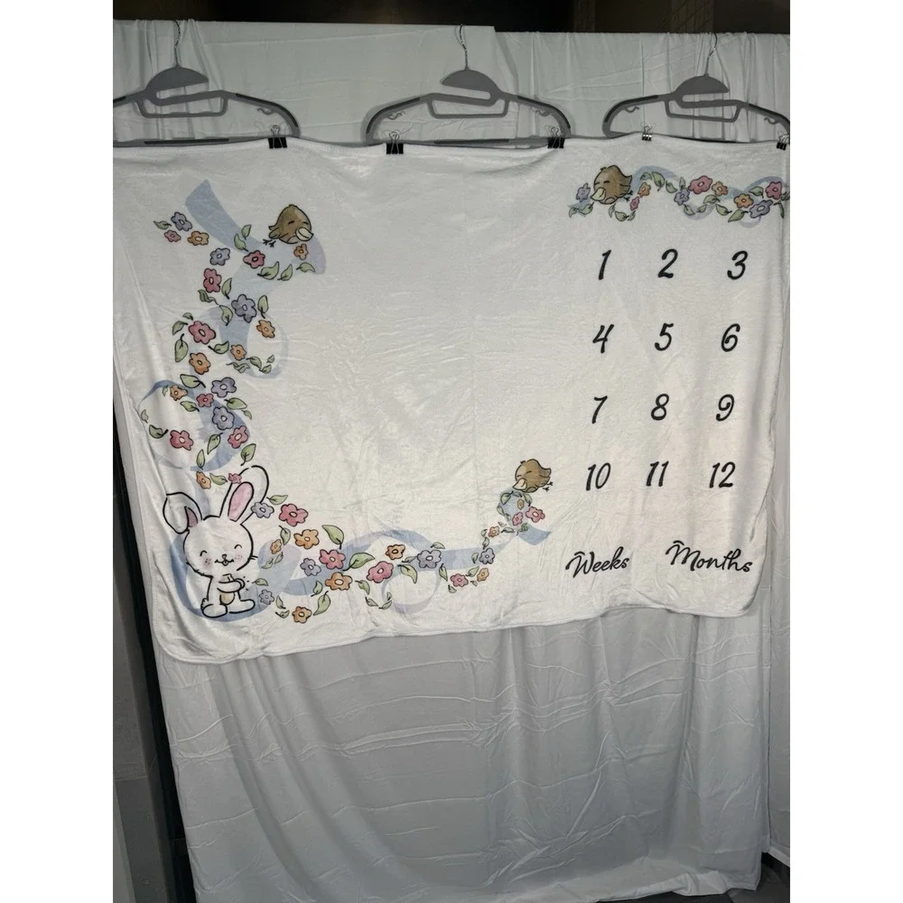 Baby Milestone Blanket Bunny Floral Design monthly grow photo prop. newborn soft